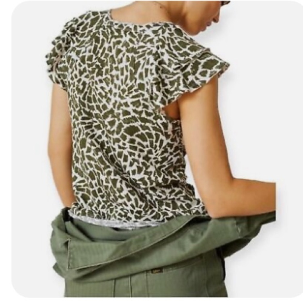 Maeve Catie Ruffle-Sleeved Tee XS Green Geometric Animal Print Anthropologie - Picture 3 of 7